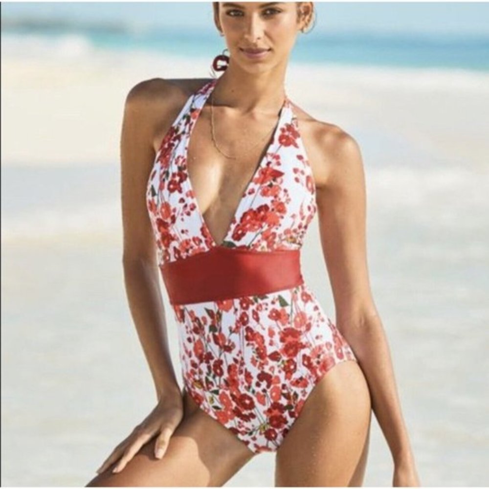 Adore Me One-Piece Floral Print Swimsuit Deep V Halter‎ Women’s Large